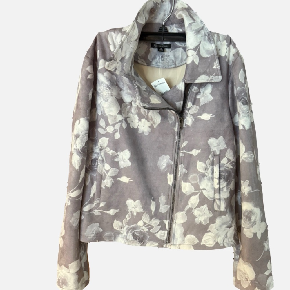 Versona Floral Leather Jacket in Gray and White